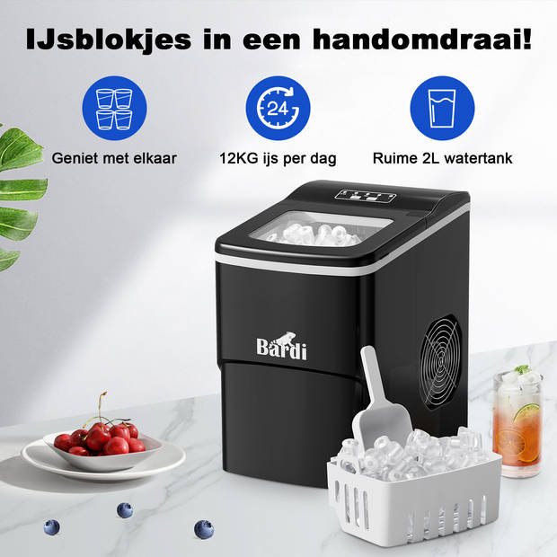 Bardi IJsblokjesmachine - 2 Liter - 12KG IJsblokjes in 24 uur - Inclusief Luxe Thermosbeker en Ijsschep-Zwart