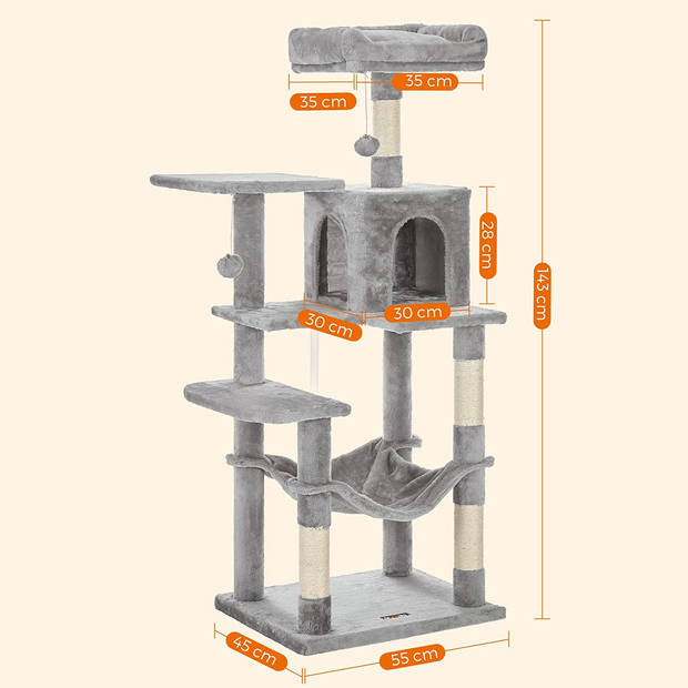 Grote Krabpaal voor meerdere Katten, Kat Condo met Hangmat, Kattenpaal, 143 cm, lichtgrijs