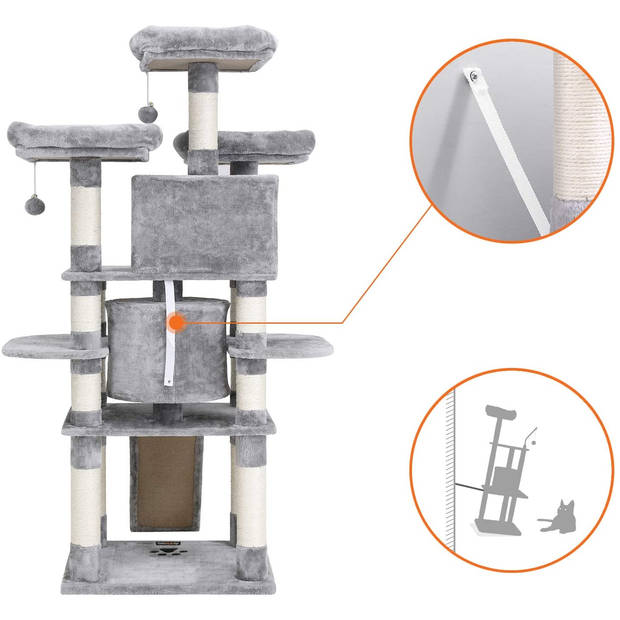 Grote kattenboom voor veel Katten, Comfortabel, Zacht en Stabiel voor Volwassen Kat, 172 cm Hoog, lichtgrijs