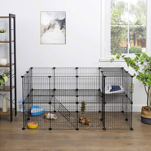 Hek voor Huisdieren - 2 Niveaus - Modulaire Ren voor Kleine Dieren (Cavia, Konijn, Ratje, Knaagdier) - 143 x 73 x 71 cm