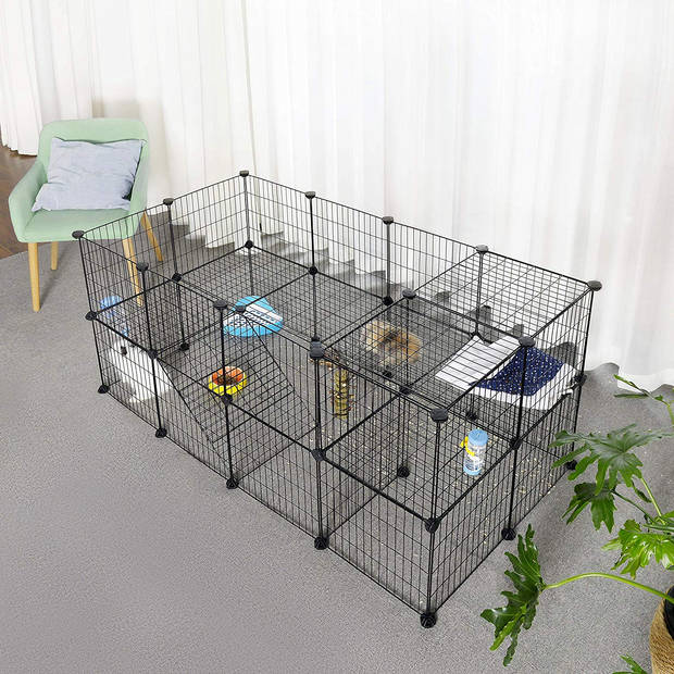 Hek voor Huisdieren - 2 Niveaus - Modulaire Ren voor Kleine Dieren (Cavia, Konijn, Ratje, Knaagdier) - 143 x 73 x 71 cm