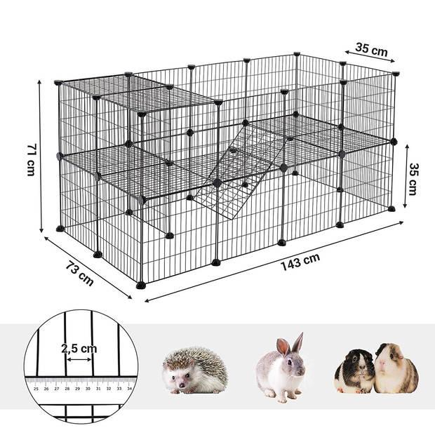 Hek voor Huisdieren - 2 Niveaus - Modulaire Ren voor Kleine Dieren (Cavia, Konijn, Ratje, Knaagdier) - 143 x 73 x 71 cm