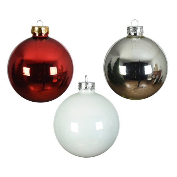 18x stuks glazen kerstballen wit, rood en zilver glans 8 cm - Kerstbal