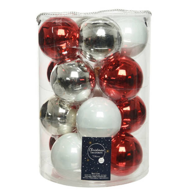 18x stuks glazen kerstballen wit, rood en zilver glans 8 cm - Kerstbal