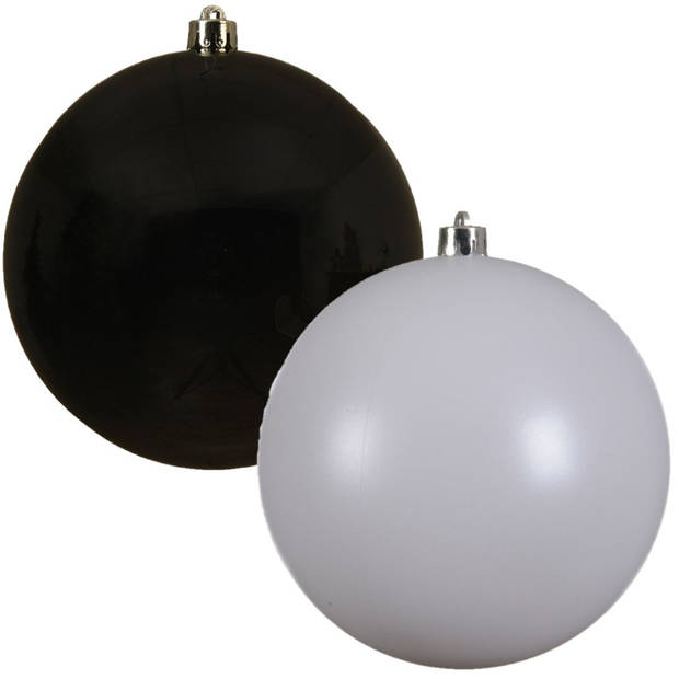 Kerstversieringen set van 6x grote kunststof kerstballen zwart en wit 14 cm glans - Kerstbal