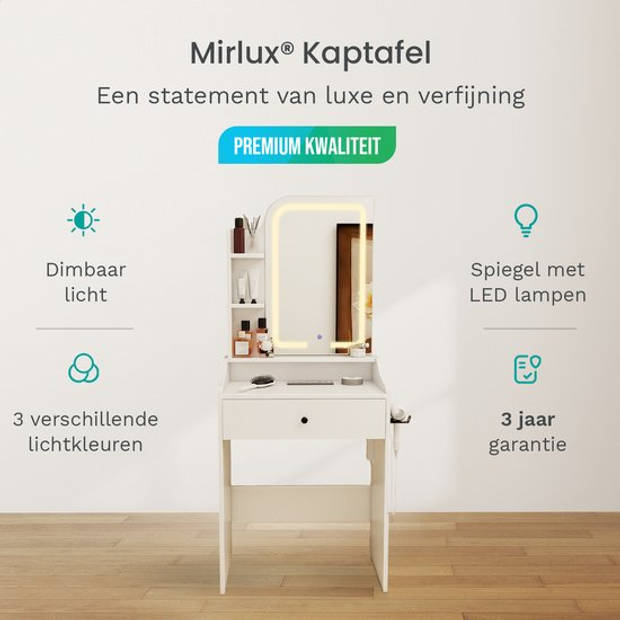 Mirlux Kaptafel met Spiegel en LED Verlichting - Make Up Tafel - Incl. Stopcontacten - 62x39x150cm - Wit