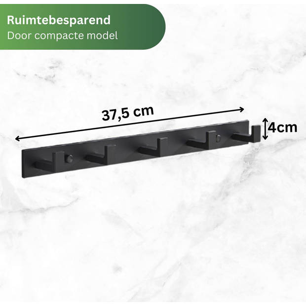 Luxe- Kapstok- 5 -haaks- Mat Zwart- Handdoek rek- Jas rek - inclusief bevestigingsmateriaal- Nieuw Model