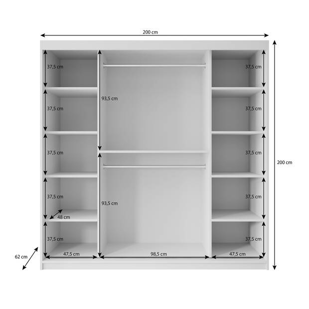 Meubella Kledingkast Pete - Zwart - 200 cm - Met spiegel