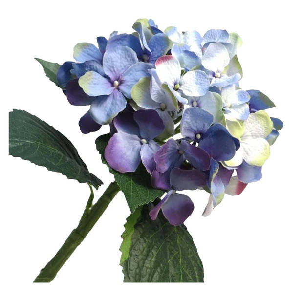 Bellatio Design Kunstbloem Hortensia tak - blauw - 48 cm - losse steel - Kunst zijdebloemen - hydrangea - Kunstbloemen