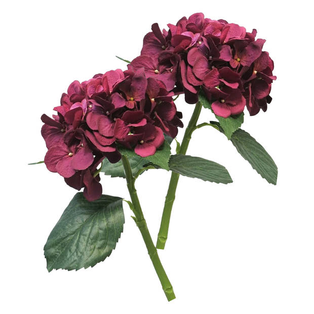 Bellatio Design Kunstbloem Hortensia tak - bordeaux rood - 48 cm - losse steel - Kunst zijdebloemen - hydrangea - Kunstb