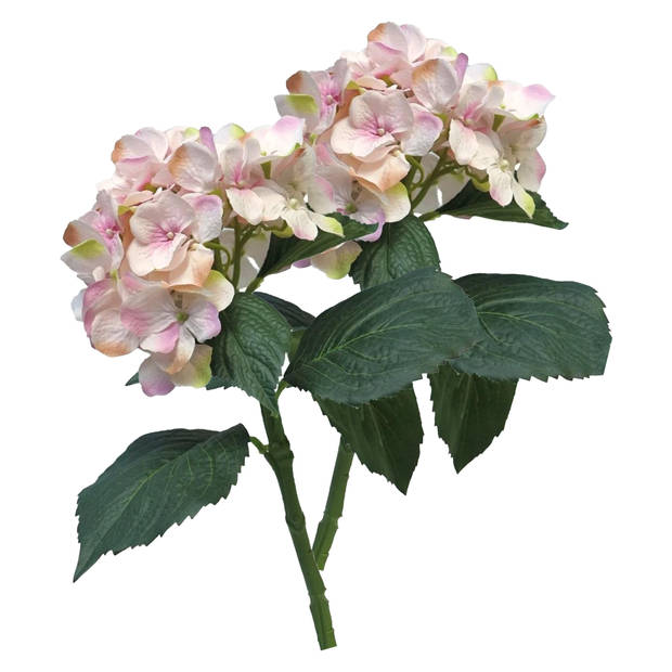 Bellatio Design Kunstbloem Hortensia tak - roze - 48 cm - losse steel - Kunst zijdebloemen - hydrangea - Kunstbloemen