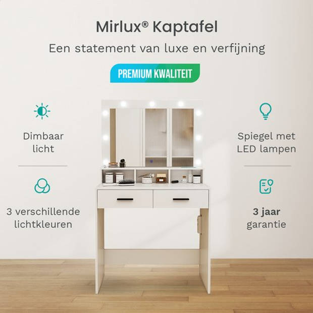 Mirlux Kaptafel met Spiegel en LED Verlichting - Make Up Tafel - 3 Dimbare Lichtstanden - 80x40x139cm - Wit