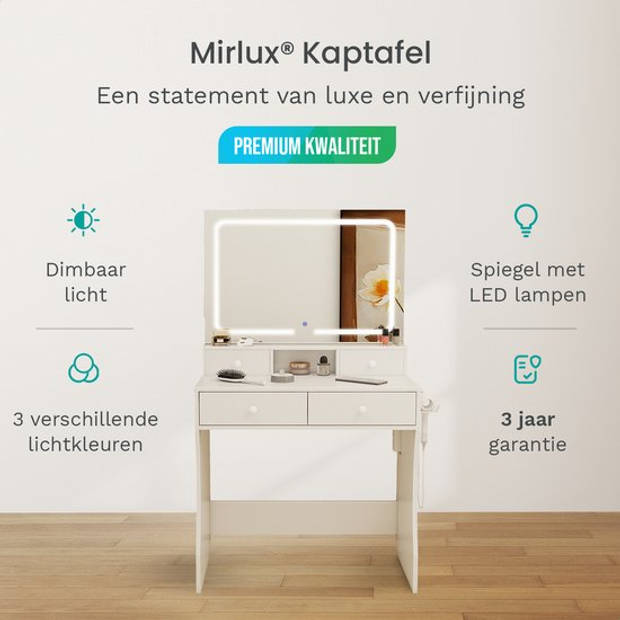 Mirlux Kaptafel met Spiegel en LED Verlichting - Make Up Tafel - Incl. Stopcontacten - 80x40x140cm - Wit