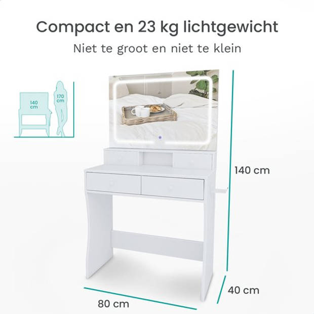 Mirlux Kaptafel met Spiegel en LED Verlichting - Make Up Tafel - Incl. Stopcontacten - 80x40x140cm - Wit