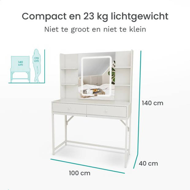 Mirlux Kaptafel met Spiegel en LED Verlichting - Make Up Tafel - 3 Dimbare Lichtstanden - 100x40x140cm - Wit