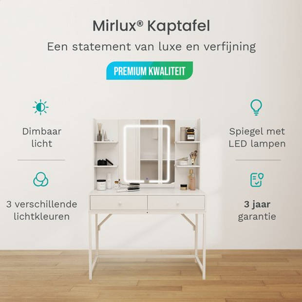 Mirlux Kaptafel met Spiegel en LED Verlichting - Make Up Tafel - 3 Dimbare Lichtstanden - 100x40x140cm - Wit