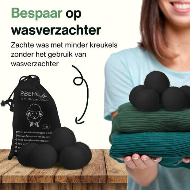 2BEHOME® 6XL Drogerballen Voor Wasdrogers - Gemaakt van 100% Nieuw-Zeelandse Schapen Wol - Wasdrogerballen - Zwart