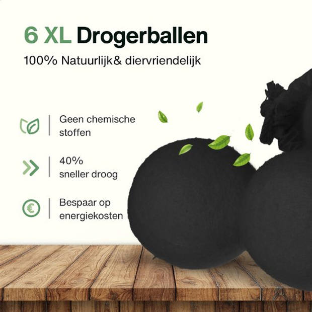 2BEHOME® 6XL Drogerballen Voor Wasdrogers - Gemaakt van 100% Nieuw-Zeelandse Schapen Wol - Wasdrogerballen - Zwart