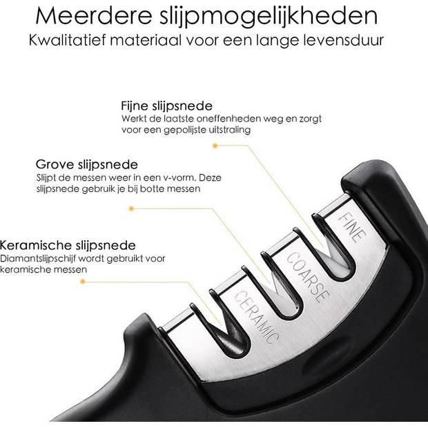 Hoogwaardige Messenslijper- Zwart - Anti slip - 3 Standen - Ergonomisch - Messen