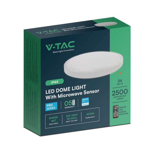 V-TAC VT-8624SRD-S-W LED Ronde plafonniere - Sensor - Samsung - IP44 - 350mm - Wit - 24 Watt - 2500 Lumen - 3000K - 5