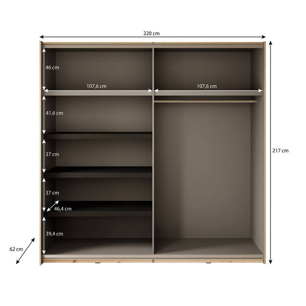 Meubella Kledingkast Adyson - Eiken - 220 cm - Met spiegel