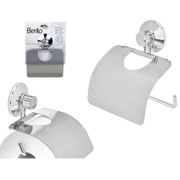 Berilo Toiletrol houder voor de wand - RVS - 13 cm - zilver - voor 1 rol - met ophang zuignap - Toiletrolhouders