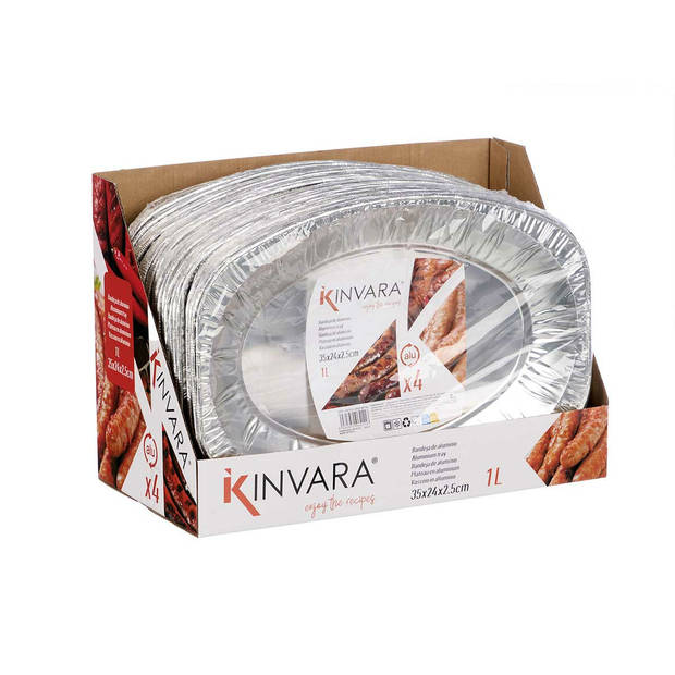 Kinvara Aluminium BBQ/verjaardag/hapjes serveerschalen - zilver - 4x stuks - 35 x 24 cm - wegwerp - Snack en tapasschale