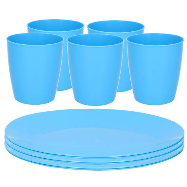 Kunststof ontbijt/diner 8x bordjes 26 cm en 10x bekertjes 300 ML set blauw - Campingborden