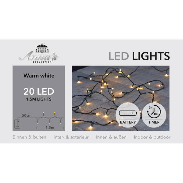 Anna's Collection kerstverlichting - warm wit - 150 cm - 20 leds - batterij - Kerstverlichting kerstboom