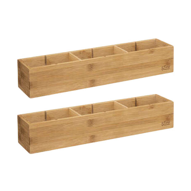 5Five Lade/kast/badkamer organizer - 2x - 3 vaks - L38 x B8 x H7 cm - bamboe hout - lichtbruin - Opbergmanden