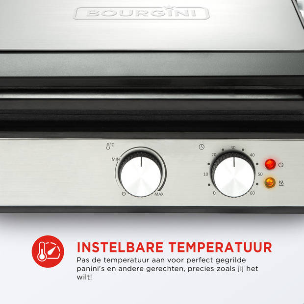 Bourgini - Contactgrill PURE - Paninigrill en Tosti ijzer PFAS en BPA vrij - Grillapparaat - RVS