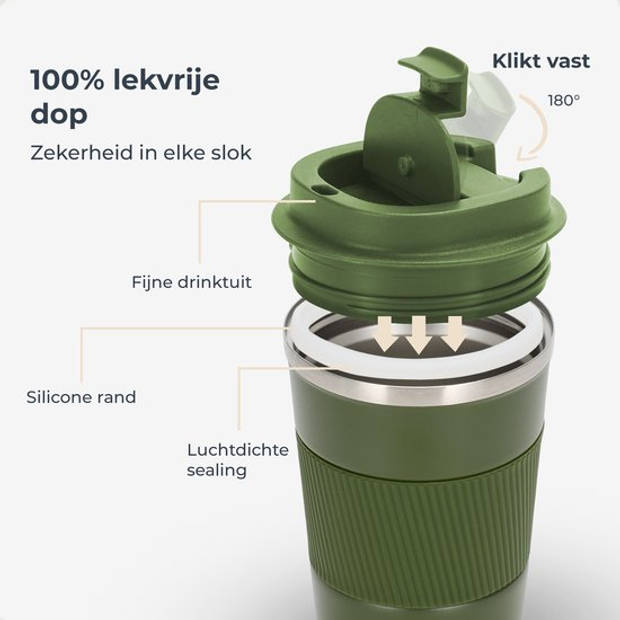 Castagnola Thermosbeker - Koffiebeker To Go - Travel Mug voor Koffie en Thee - Theebeker - 380 ML - RVS - Groen