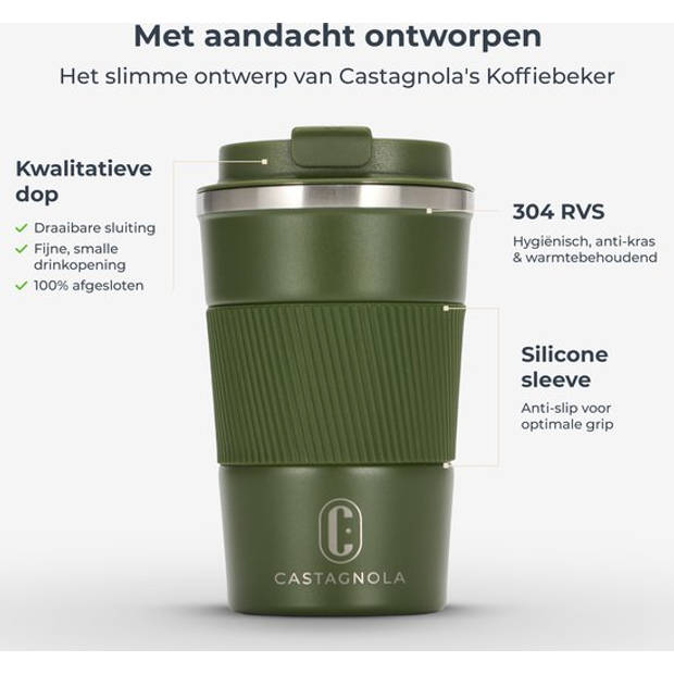 Castagnola Thermosbeker - Koffiebeker To Go - Travel Mug voor Koffie en Thee - Theebeker - 380 ML - RVS - Groen