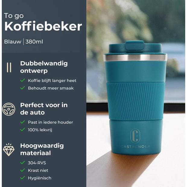 Castagnola Thermosbeker - Koffiebeker To Go - Travel Mug voor Koffie en Thee - Theebeker - 380 ML - RVS - Blauw