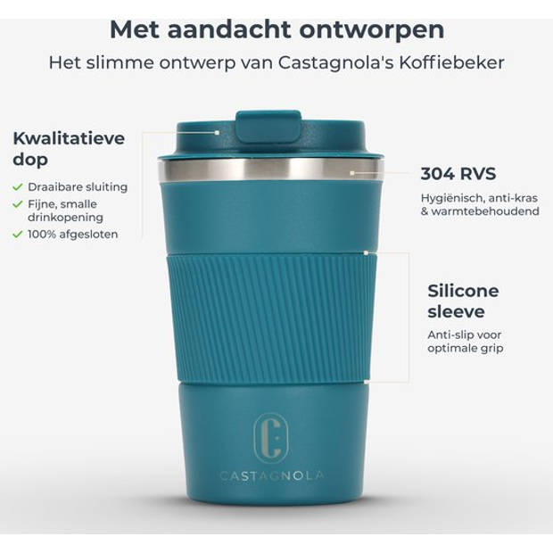 Castagnola Thermosbeker - Koffiebeker To Go - Travel Mug voor Koffie en Thee - Theebeker - 380 ML - RVS - Blauw