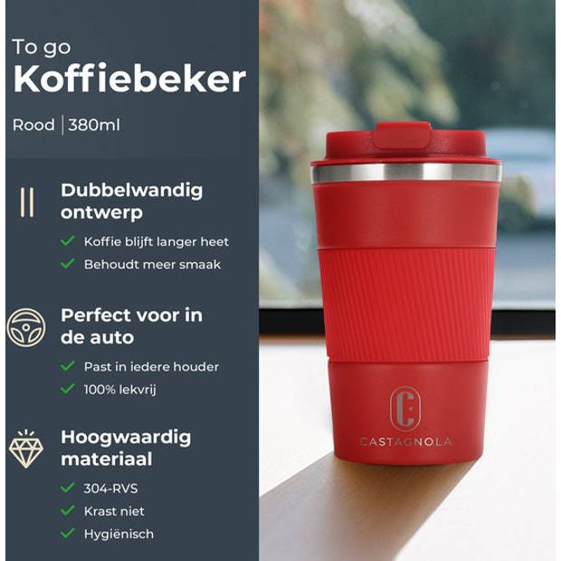 Castagnola Thermosbeker - Koffiebeker To Go - Travel Mug voor Koffie en Thee - Theebeker - 380 ML - RVS - Rood