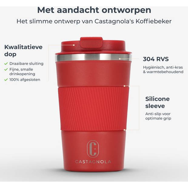 Castagnola Thermosbeker - Koffiebeker To Go - Travel Mug voor Koffie en Thee - Theebeker - 380 ML - RVS - Rood