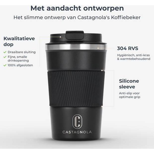 Castagnola Thermosbeker - Koffiebeker To Go - Travel Mug voor Koffie en Thee - Theebeker - 380 ML - RVS - Zwart