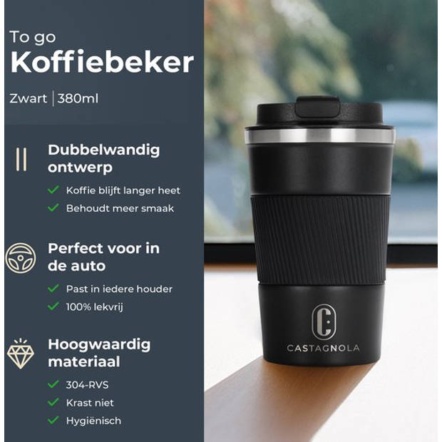 Castagnola Thermosbeker - Koffiebeker To Go - Travel Mug voor Koffie en Thee - Theebeker - 380 ML - RVS - Zwart