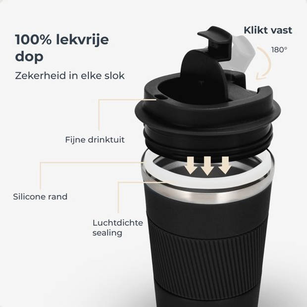 Castagnola Thermosbeker - Koffiebeker To Go - Travel Mug voor Koffie en Thee - Theebeker - 380 ML - RVS - Zwart