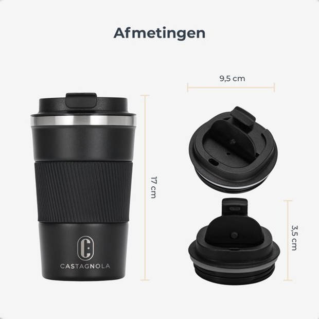 Castagnola Thermosbeker - Koffiebeker To Go - Travel Mug voor Koffie en Thee - Theebeker - 380 ML - RVS - Zwart