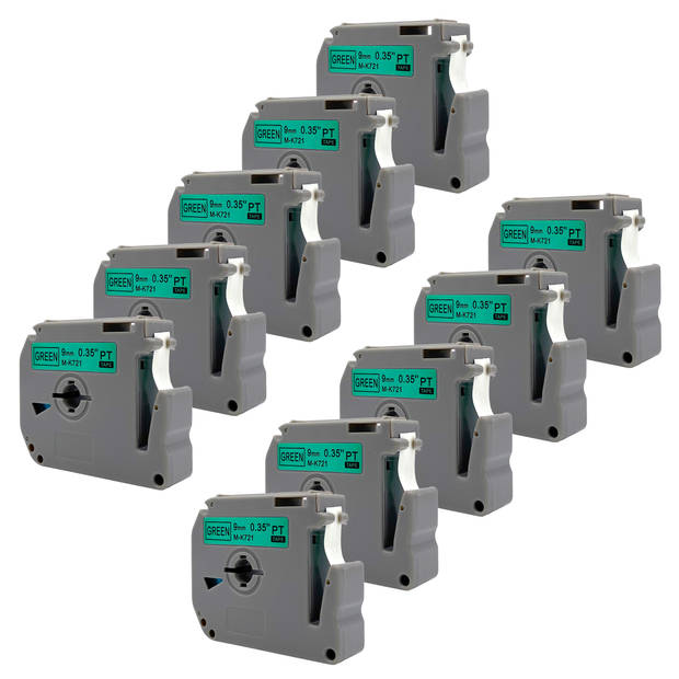 DULA label tape - Compatible met Brother P-Touch M-K721 - 10 stuks - Zwart op groen - 9mm x 8m