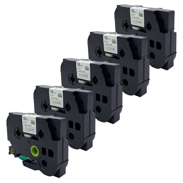 DULA label tape - Compatible met Brother P-Touch Tze-146 - 5 stuks - Groen op transparant - 18mm x 8m