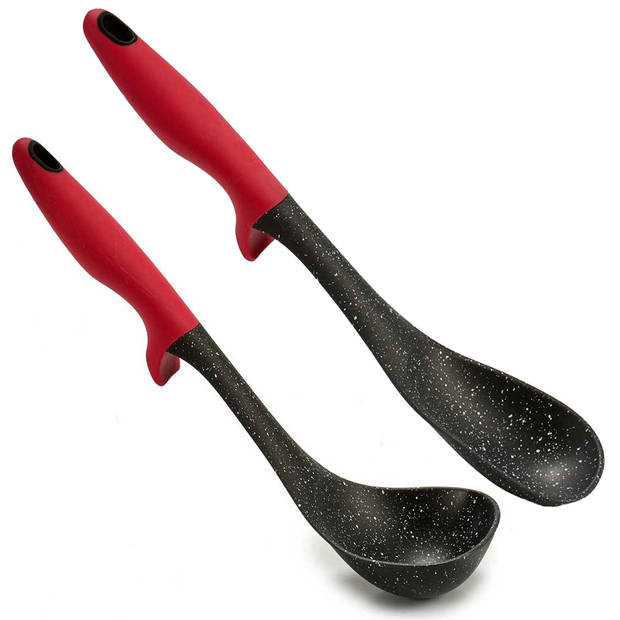 Kook/keuken gerei - set van 2x stuks - zwart/rood - kunststof - kook accessoires - Soeplepels