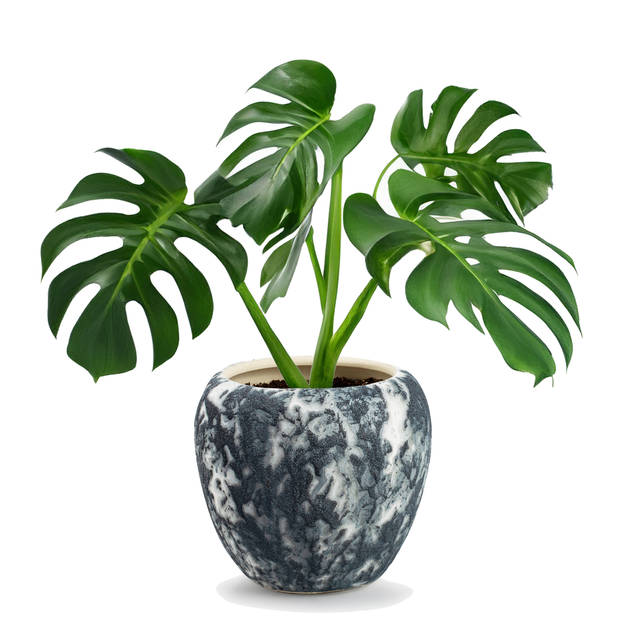 Jodeco Plantenpot/bloempot Marble - wit/zwart - keramiek - D24xH22 cm - Plantenpotten