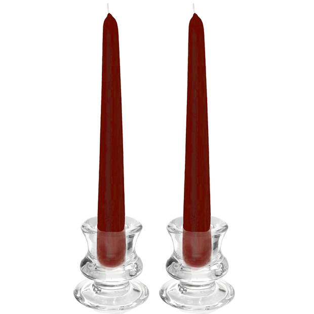 Kaarsen set - 2x kandelaars - glas - 12x dinerkaarsen - bordeaux rood - Dinerkaarsen