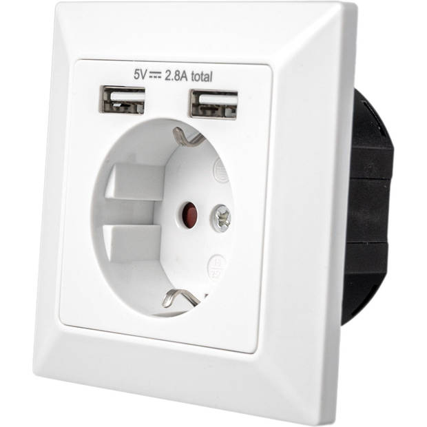 SIL Products - Wandcontactdoos Met 2 USB Poorten - Inbouw Stopcontact (NL) - Wit RAL9010 – Randaarde