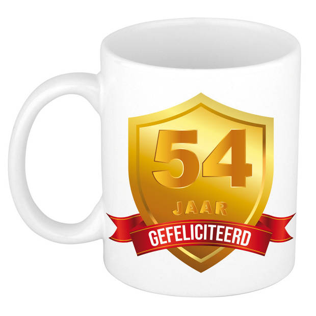 Gefeliciteerd 54 jaar jubileum/ verjaardag mok met gouden schild - feest mokken