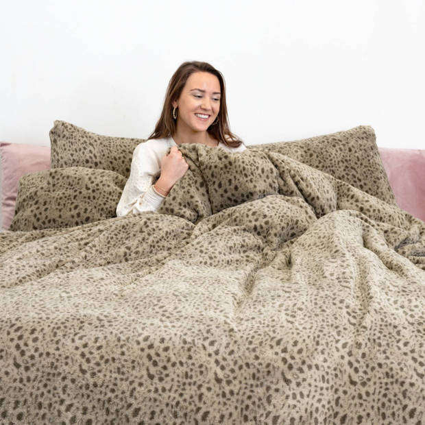 Droomtextiel Teddy Dekbedovertrek Tijger Print Taupe - Lits-Jumeaux 240x200/220 cm - Super Zacht