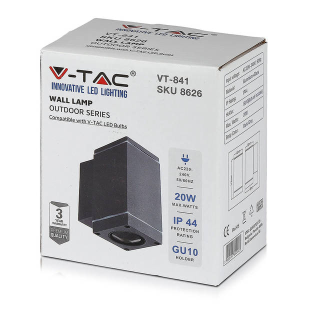 V-TAC VT-841 GU10 Buitenverlichting - Wand - Armaturen - Donker - Grijs - IP44